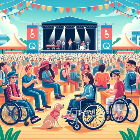 cartoon image of disabled people at a festival including service dogs and wheelchair users