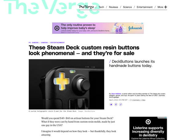 screenshot of article from theverge.com about custom artisan steam deck buttons from deckbuttons