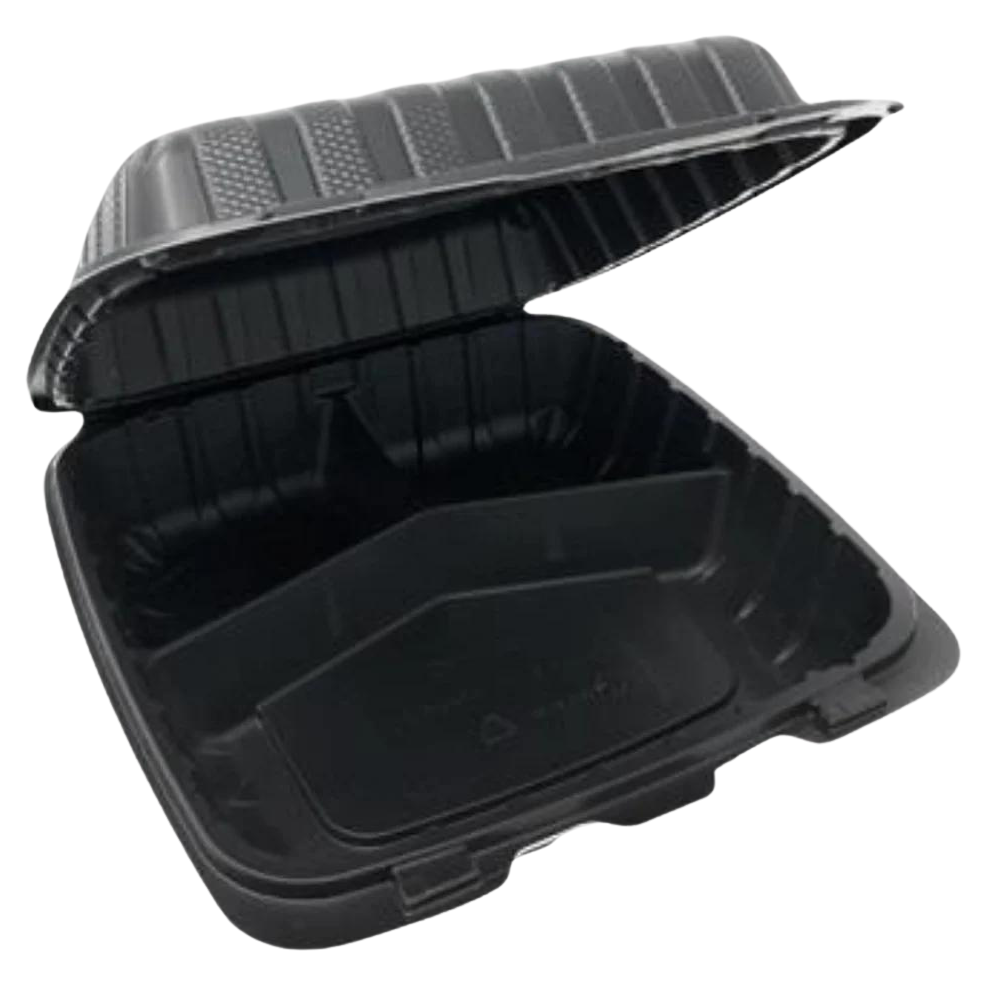 9" x 9" x 3" PLASTIC POLYPROPYLENE HINGED CONTAINER VENDTED 3 COMP - 150CT