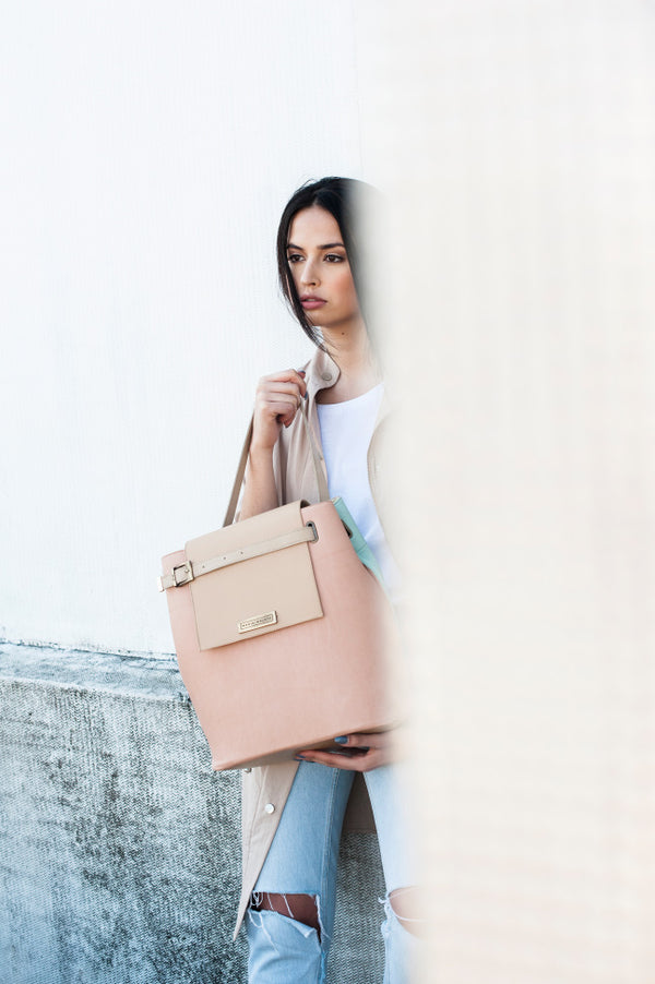 Shoulder Bag | Navy Blue and beige leather