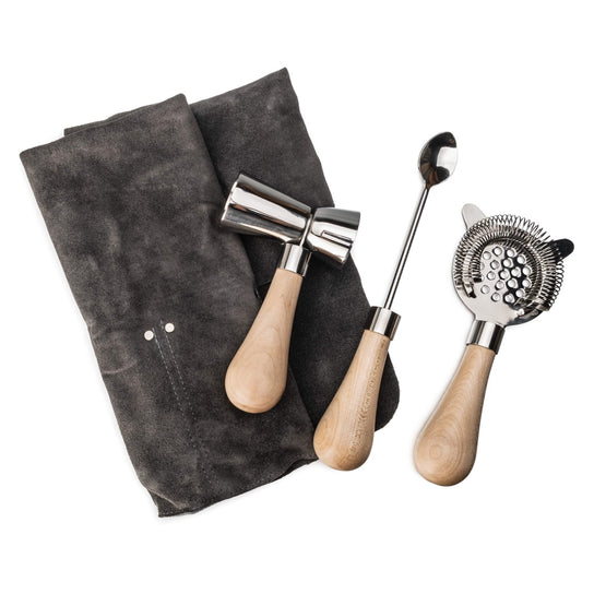 Beechwood Handled Barware in Leather Sheath (Set of 3)