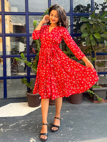 Red White Floral Printed Midi Dress: Styled by Influencers