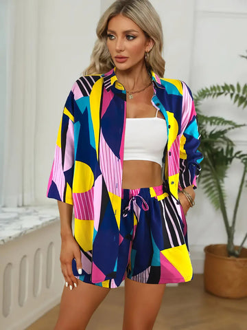 Chic Blue Pink Abstract Print Co-ord Set: