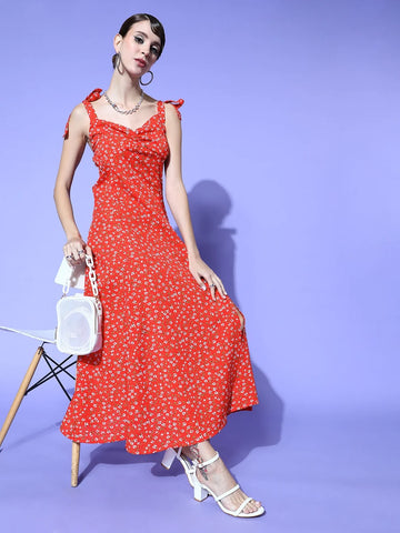 Tie-Up Flora Red Maxi Dress: