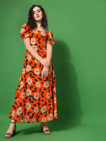 Sunny Orange Sweetheart Fit-and-Flare Midi Dress: