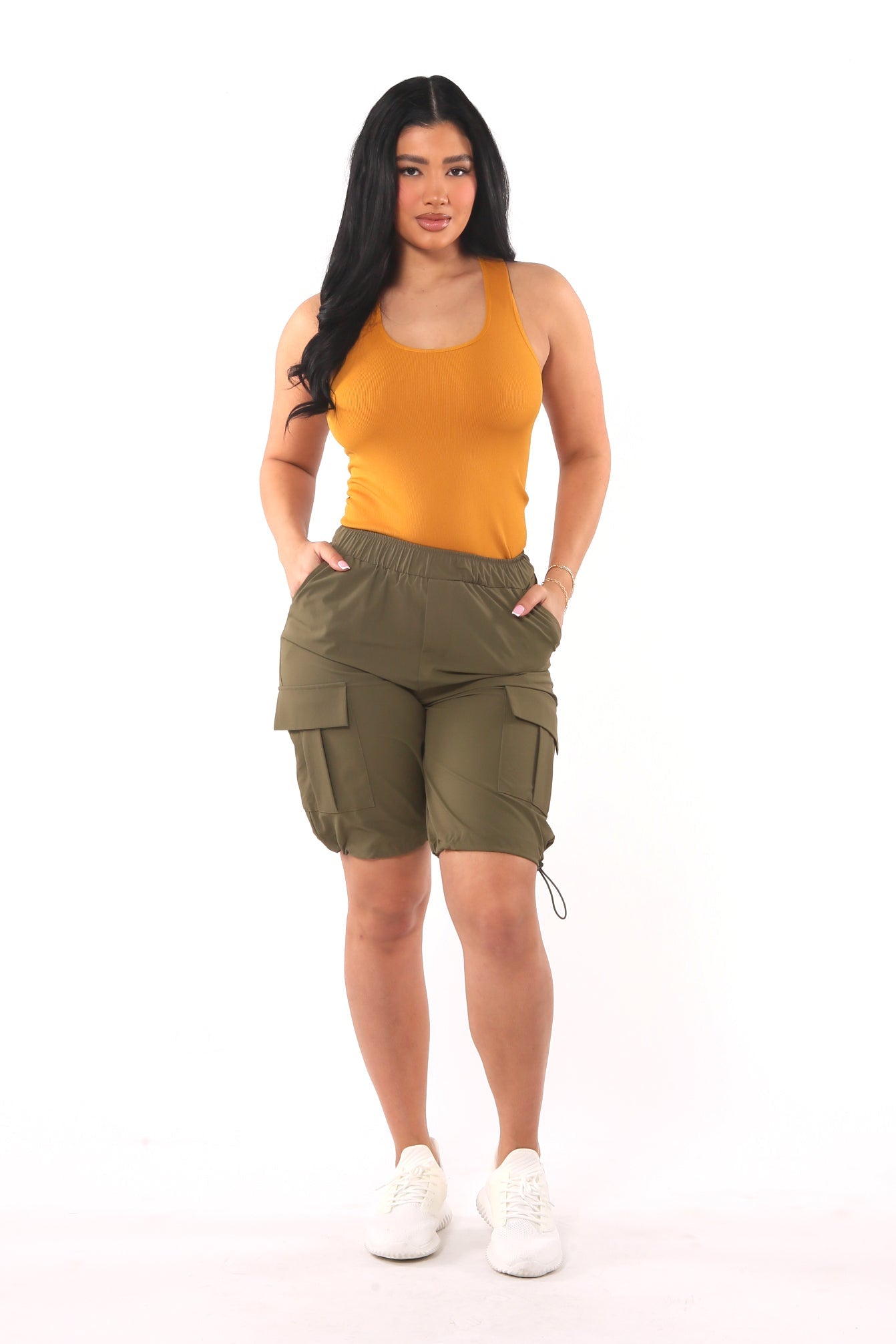 Wholesale Womens Nylon Cargo Shorts With Bungee Cord Tie Hem - Dark Olive