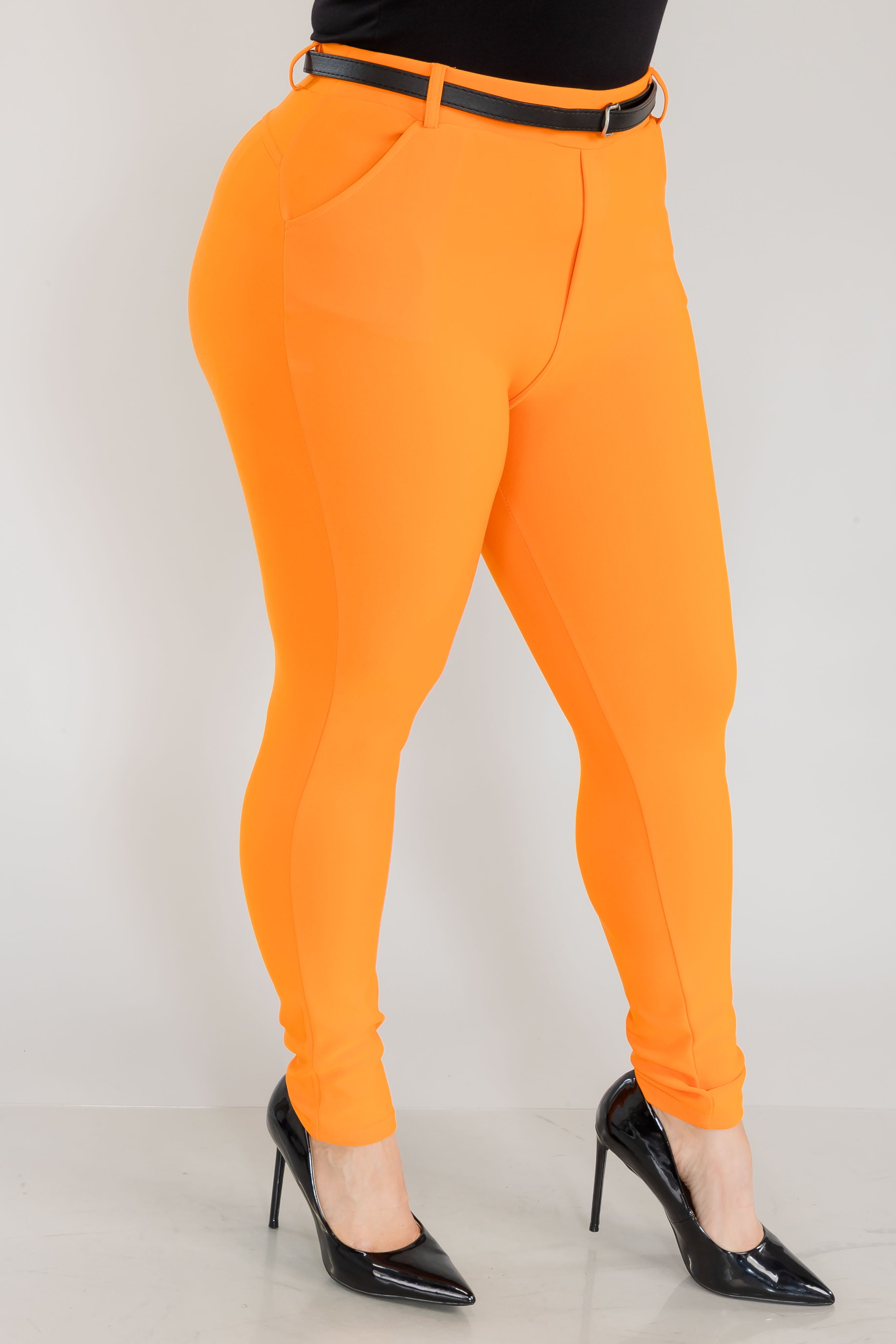 Wholesale Womens Plus Size Sculpting Treggings With Faux Leather Belt - Orange