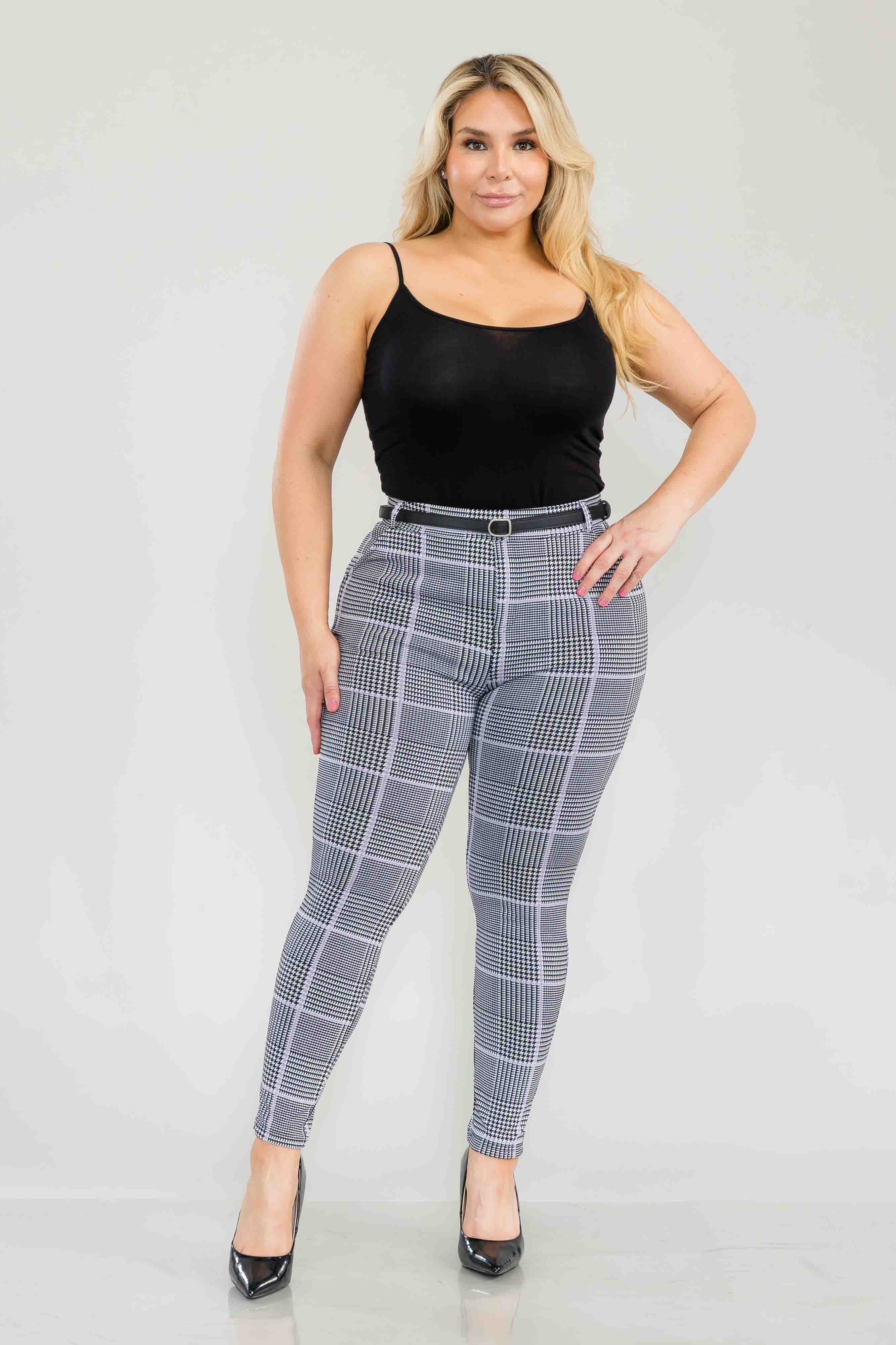 Wholesale Womens Plus Size Sculpting Treggings With Faux Leather Belt - Black, White, Mauve Plaid