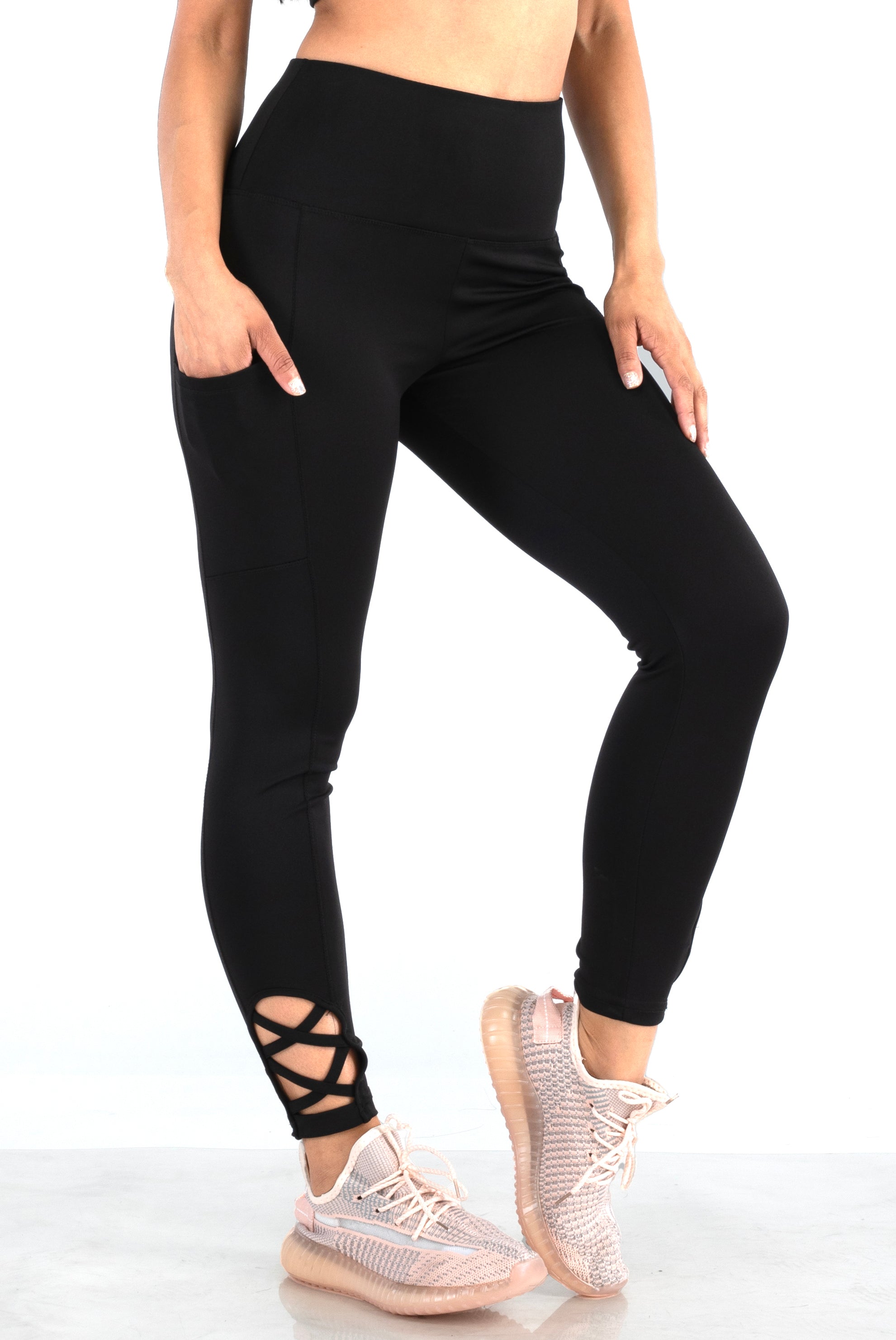 Wholesale Womens High Waist Tummy Control Sports Leggings With Side Pocket & Ankle Strap Detail - Black