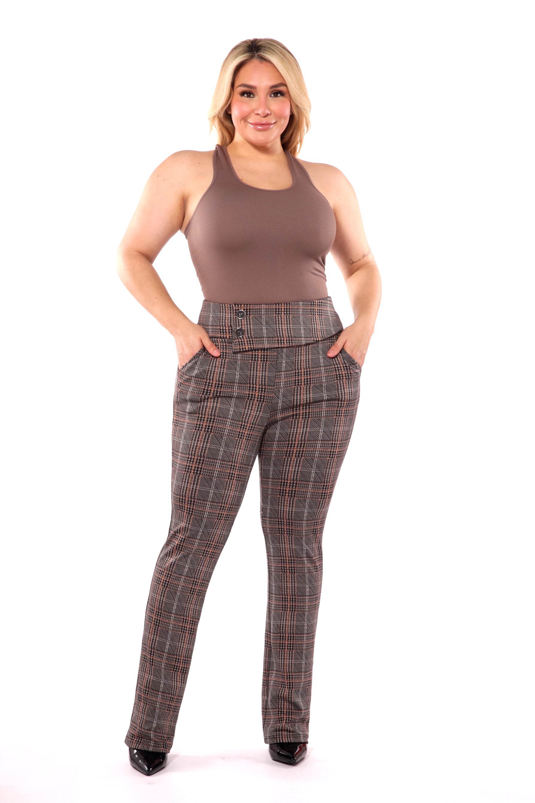 Wholesale Womens Plus Size Asymmetrical Button Waist Flare Pants - Khaki, Brown Plaid