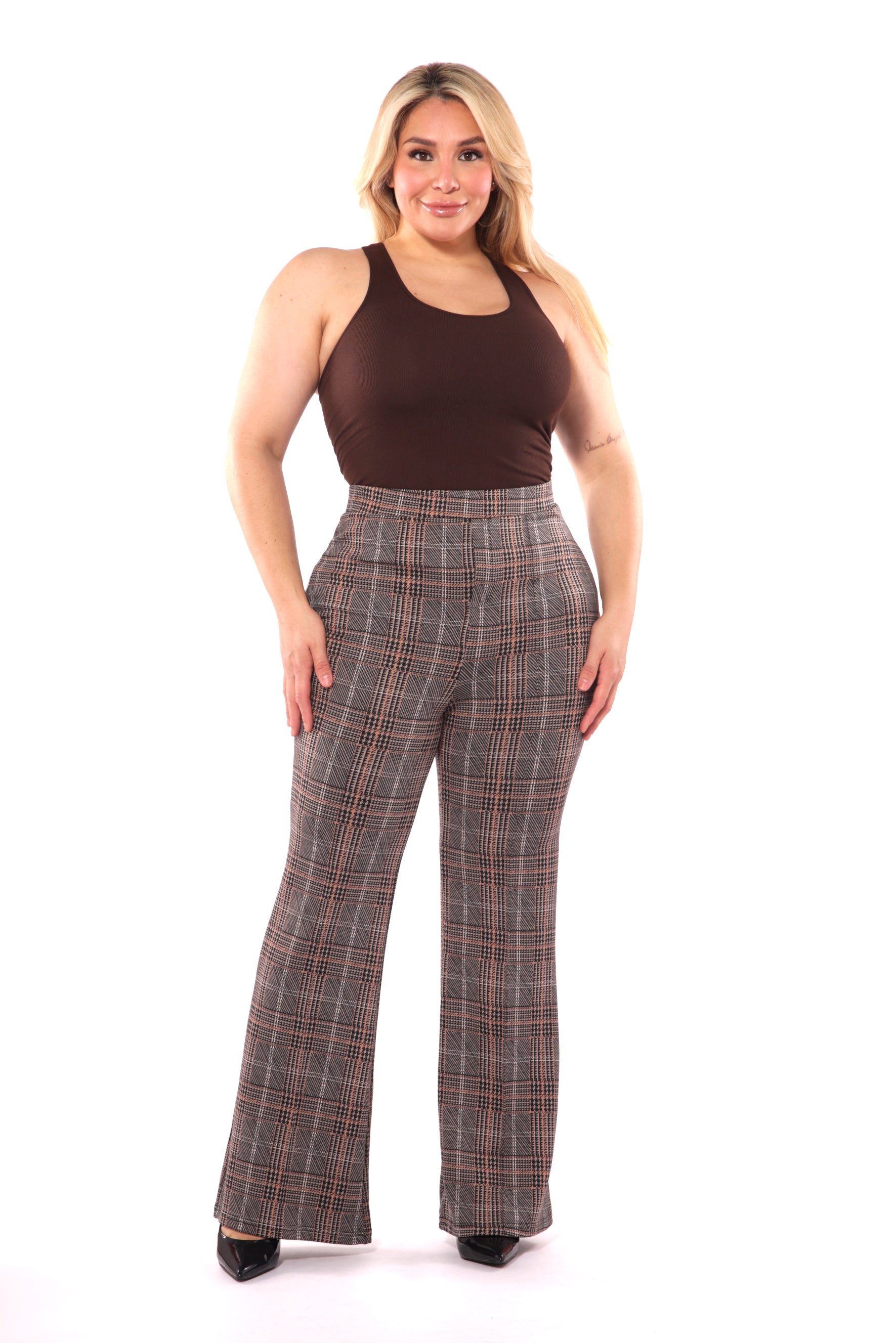 Wholesale Womens Plus Size High Waist Flare Pants With Front Seam Detail - Khaki, Brown Plaid