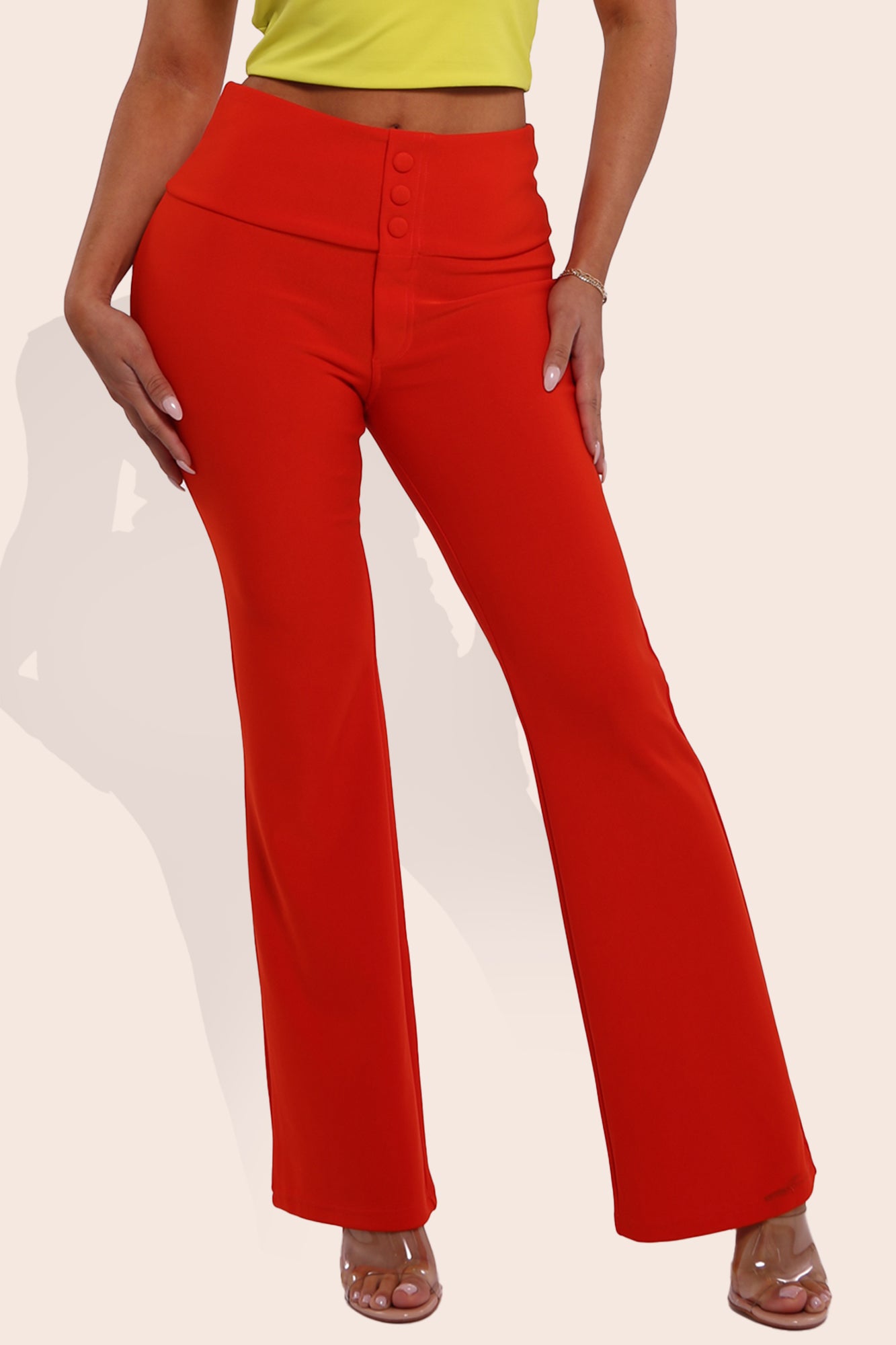 Wholesale Womens Tummy Control Butt Sculpting Flare Pants With Button Fly Waist Detail - Vermilion