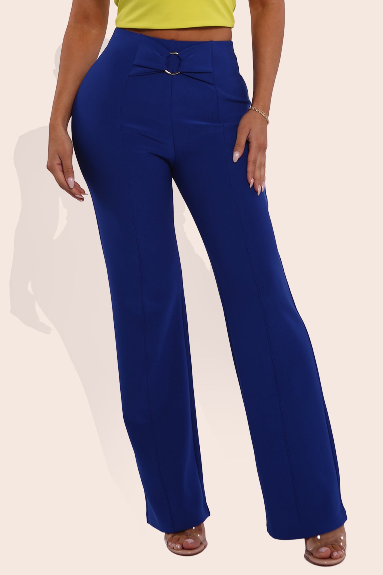 Wholesale Womens High Waist Straight Leg Pants With O-Ring Buckle Waist Detail - Surf The Web Blue