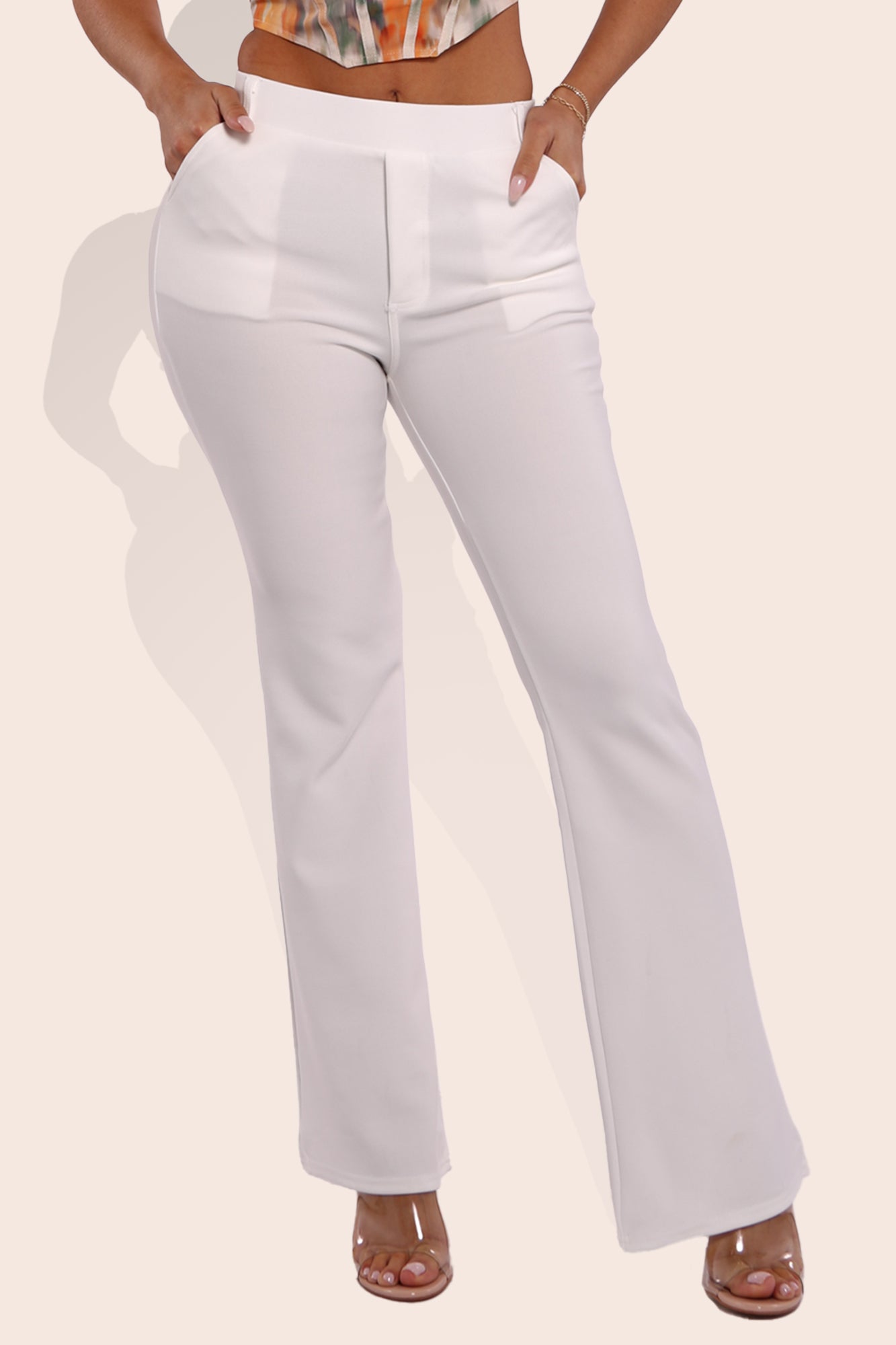 Wholesale Womens High Rise Pull On Sculpting Flare Pants - White