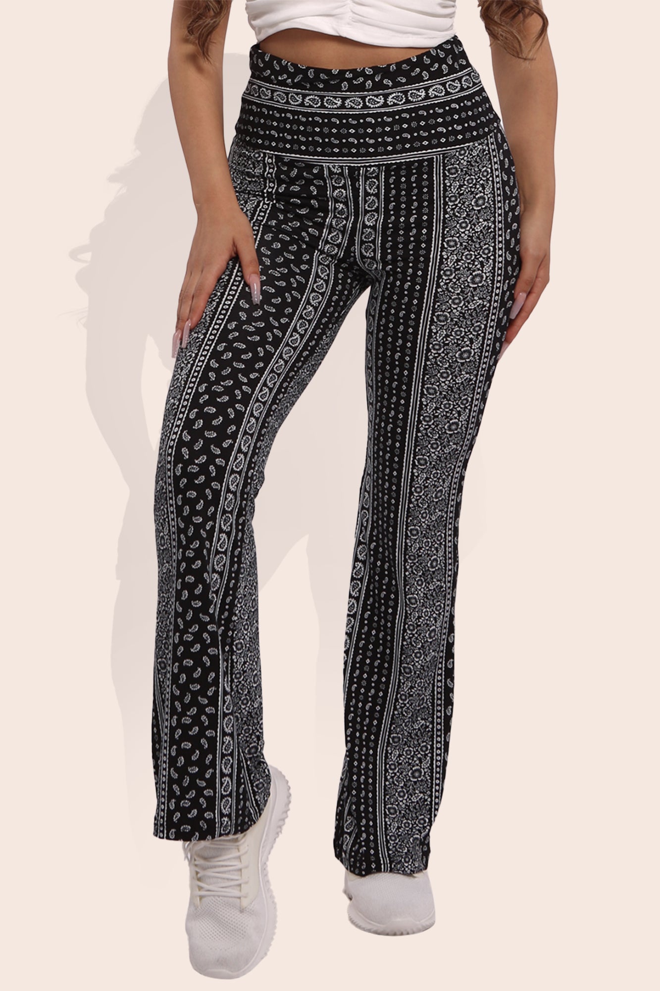 Wholesale Womens High Waist Buttery Soft Flare Palazzo Pants - Black, White Paisley