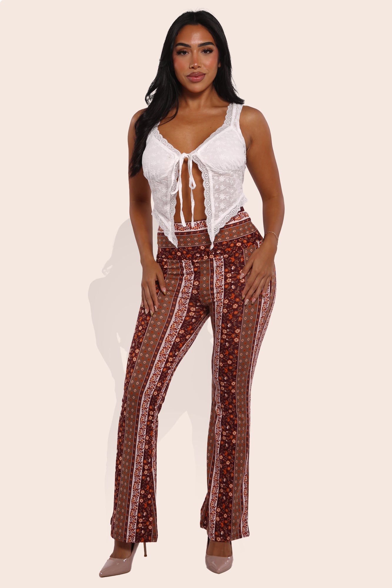 Wholesale Womens High Waist Buttery Soft Flare Palazzo Pants - Burgundy, Brown, White Boho Print