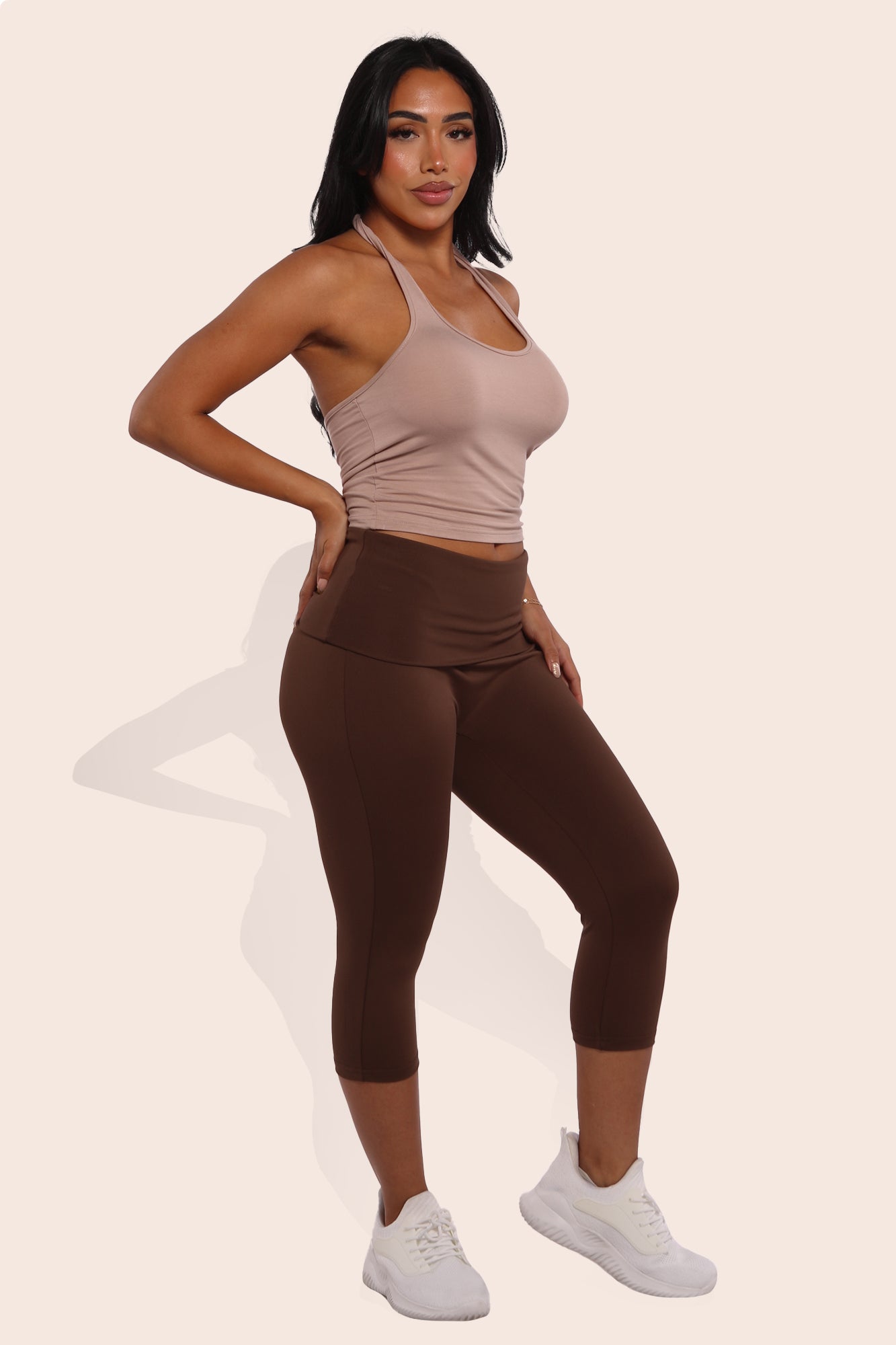 Wholesale Womens Pillowy Soft Fold Over High Waist Capri Leggings - Chocolate Brown