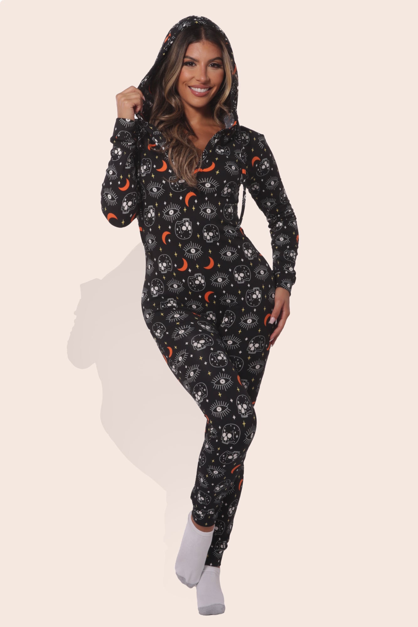 Wholesale Womens Fleece Lined Button Up Onesie Jumpsuit With Hoodie - Black, White, Orange Halloween