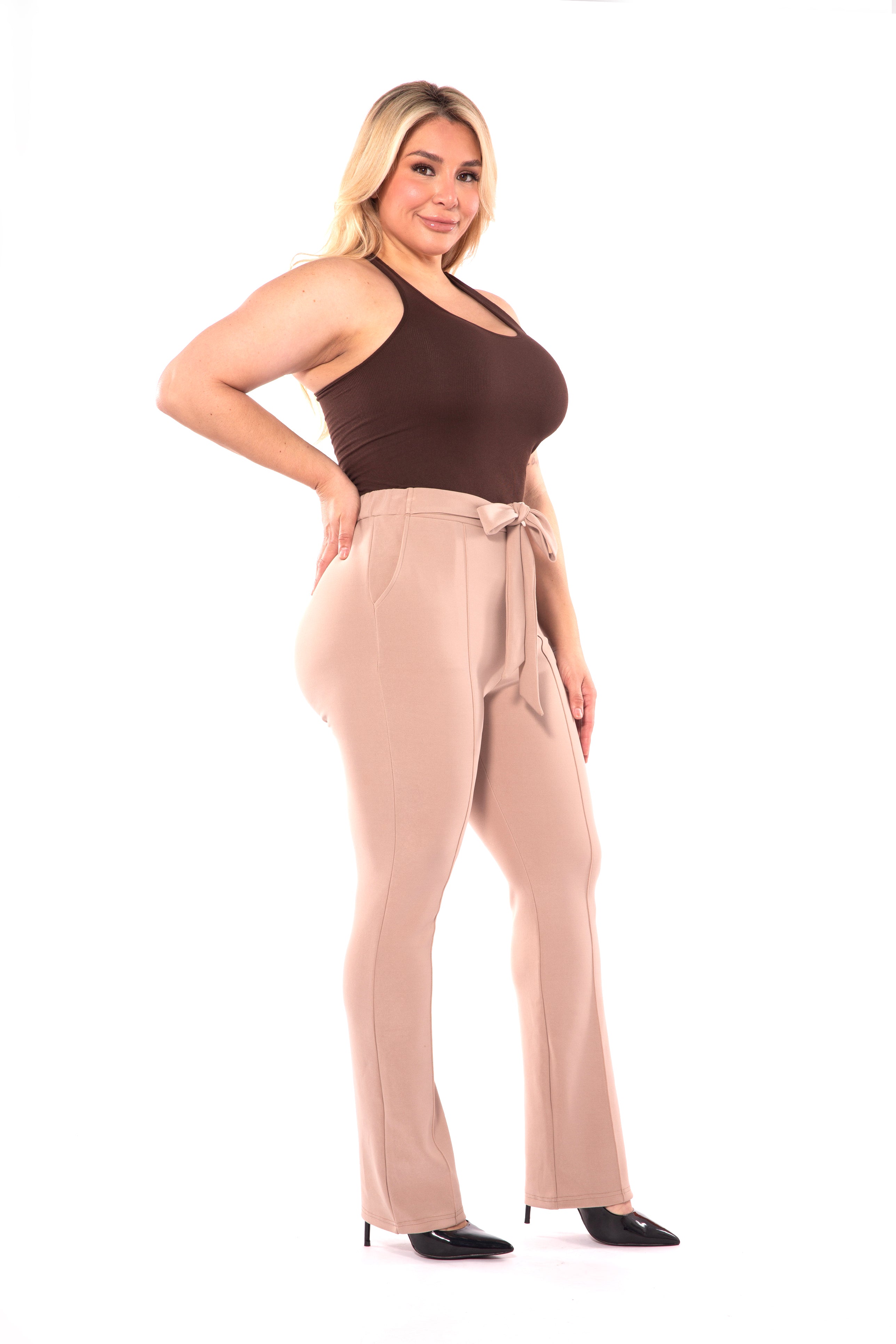 Wholesale Womens Plus Size High Waist Flare Pants With Front Seam Detail And Waist Tie - Latte