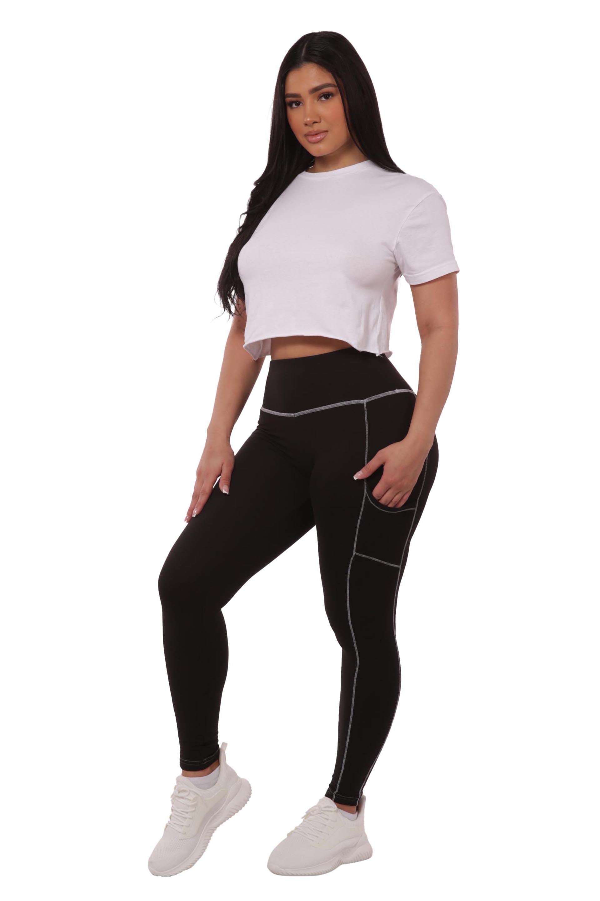 Wholesale Womens High Waist Contrast Seam Fleece Lined Leggings With Side Pockets - Black