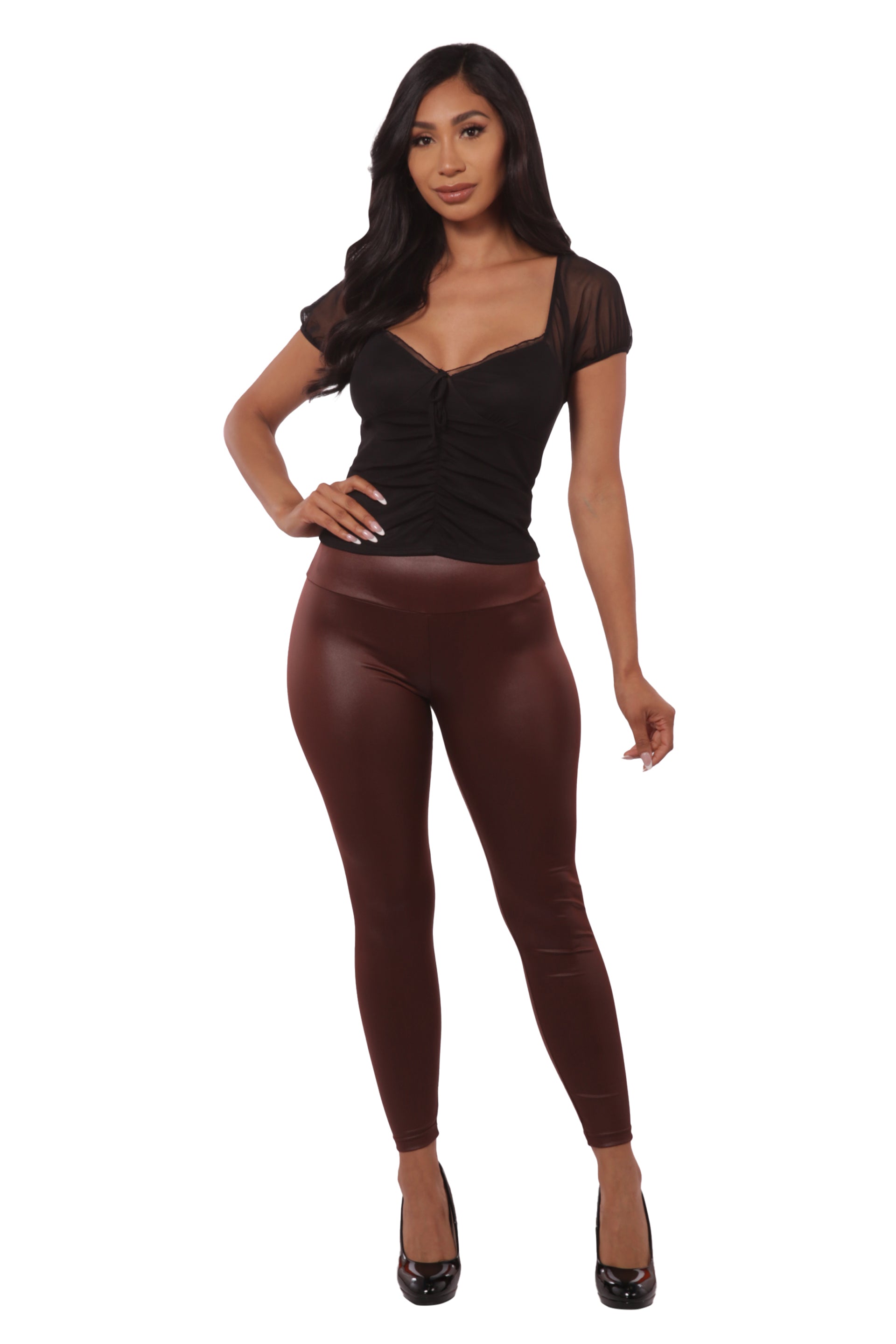 Wholesale Womens High Waist Scrunch Butt PU Faux Leather Leggings - Chocolate Brown