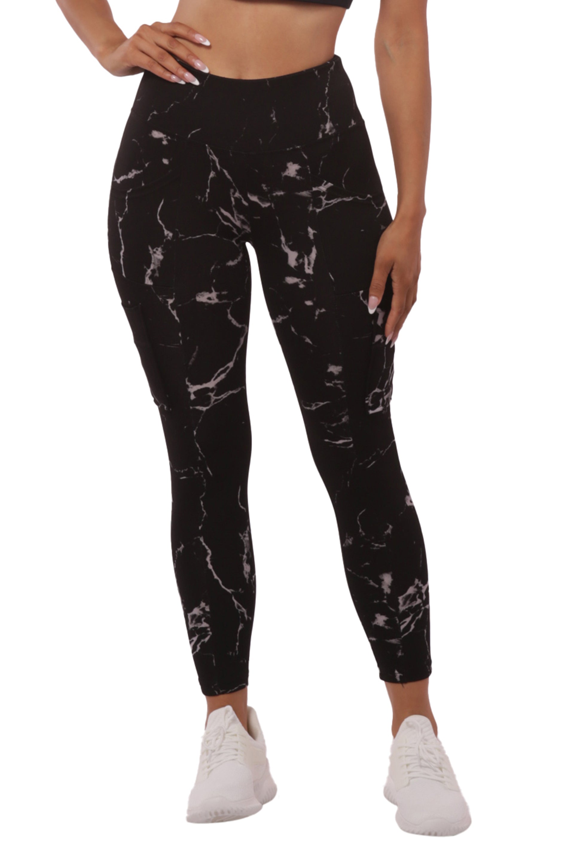 Wholesale Womens High Waist Sports Leggings With Cargo Pockets - Black & Gray Marble