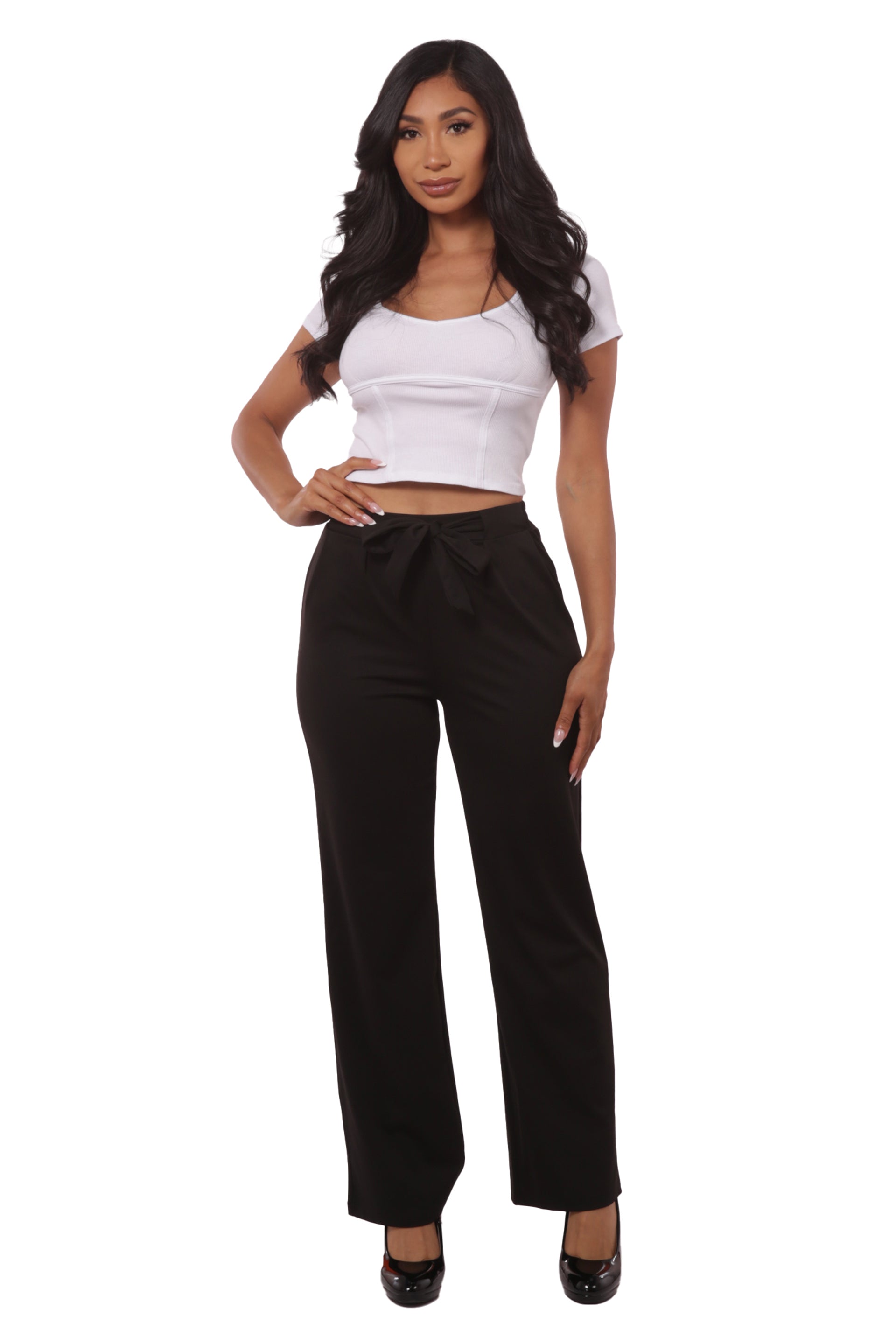 Wholesale Womens High Waist Straight Leg Pants With Waist Tie - Black