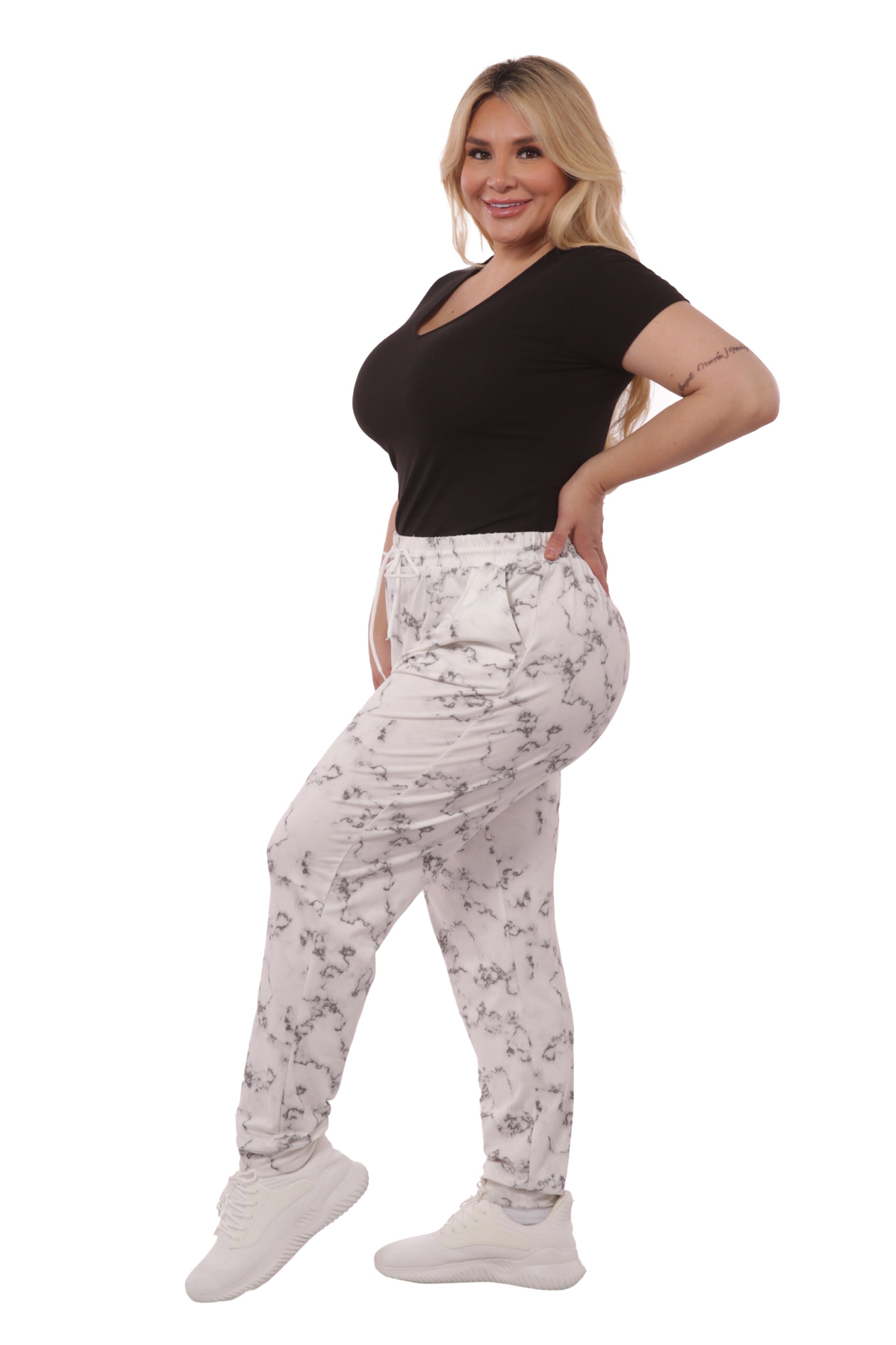 Wholesale Womens Plus Size Soft Brushed Joggers With Shoe Lace Tie - Grey & White Marble