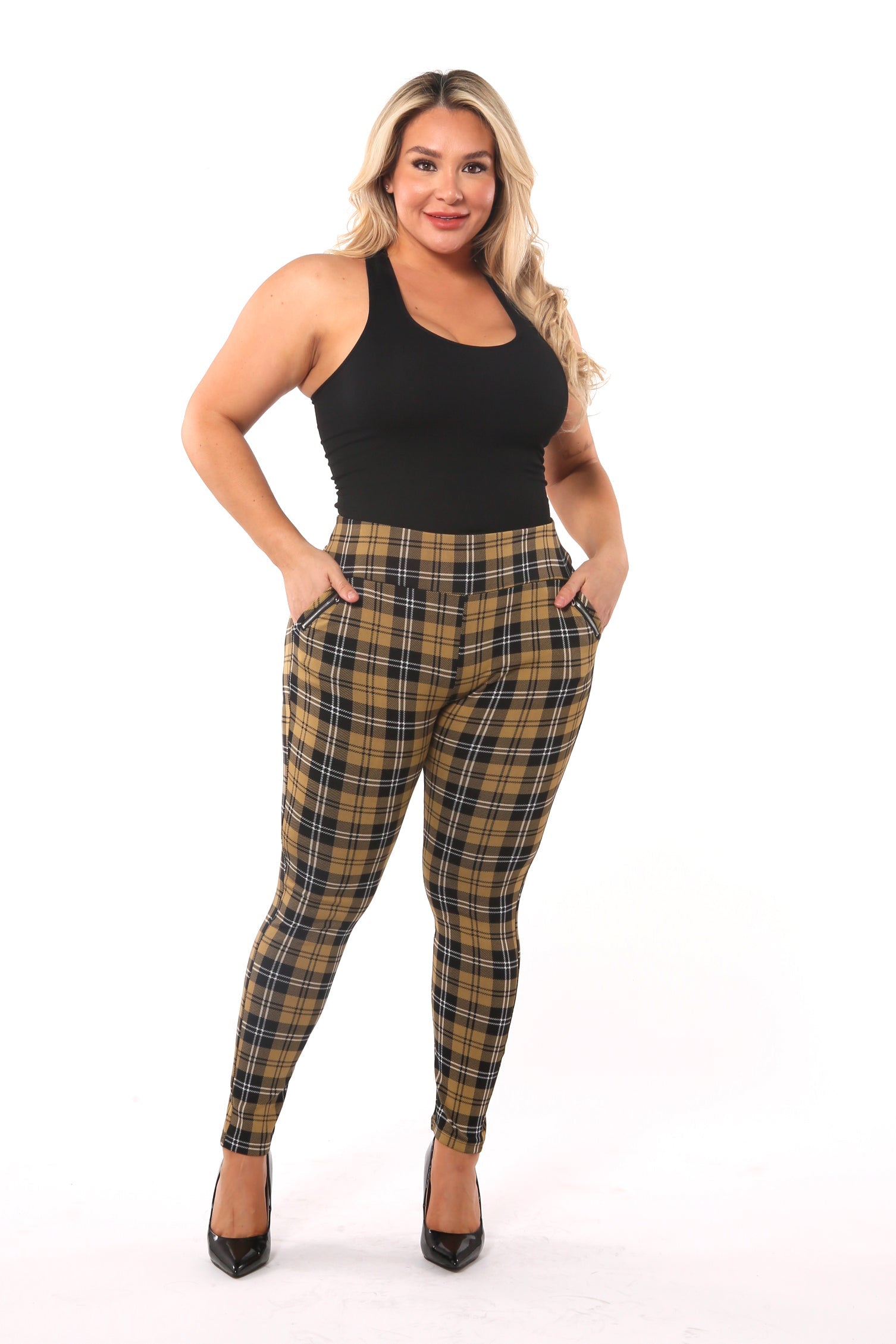 Wholesale Womens Plus Size Treggings With Zipper Pocket Trim - Yellow, Black, White Plaid