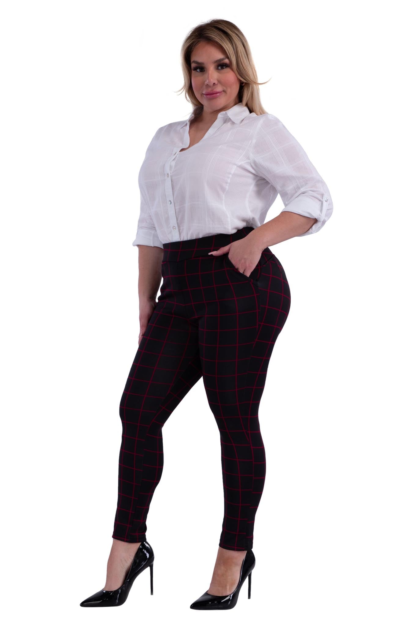 Wholesale Womens Plus Size Tummy Control Sculpting Treggings - Black & Red Plaid