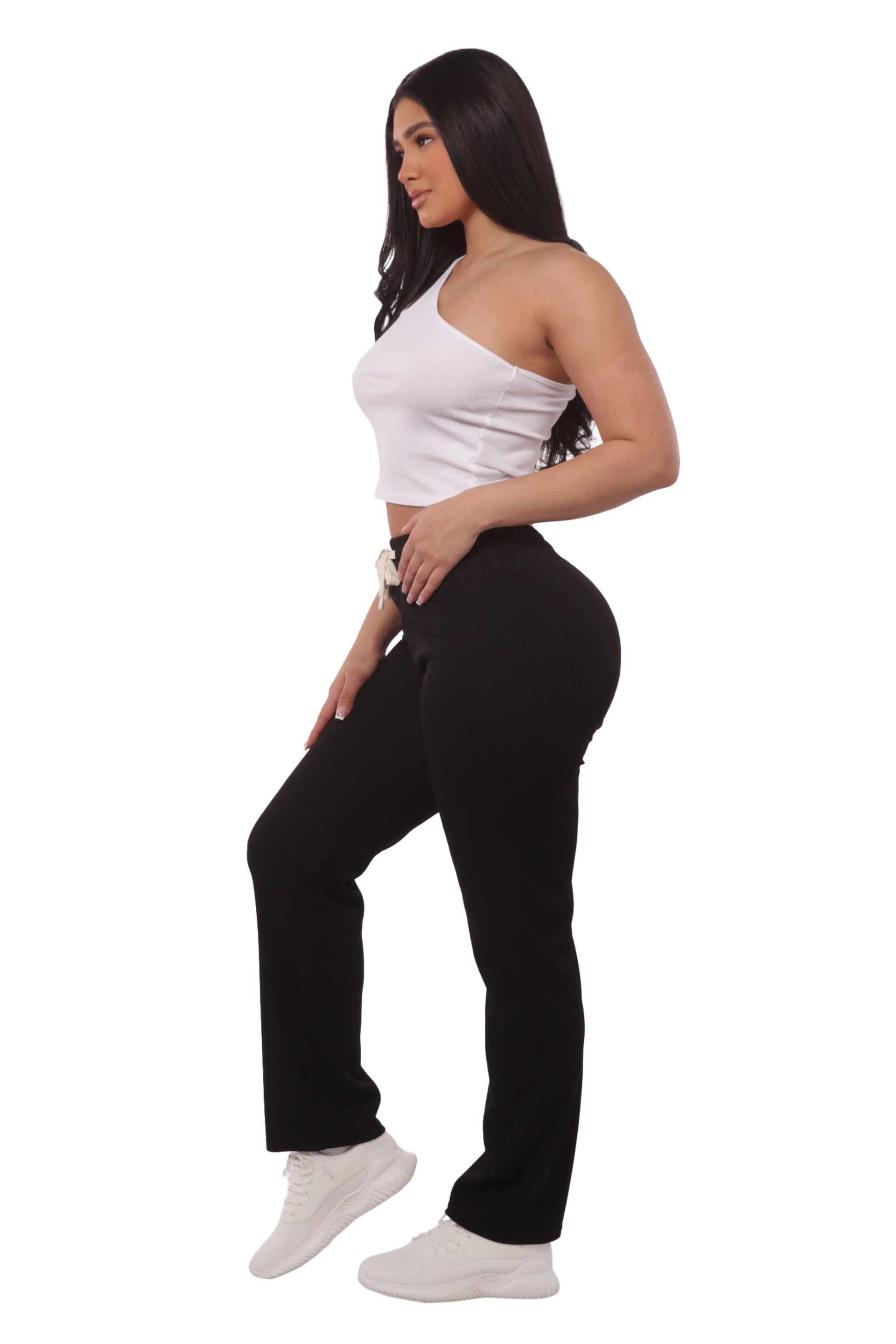 Wholesale Womens Rib Knit Straight Leg Pants With Drawstrings - Black