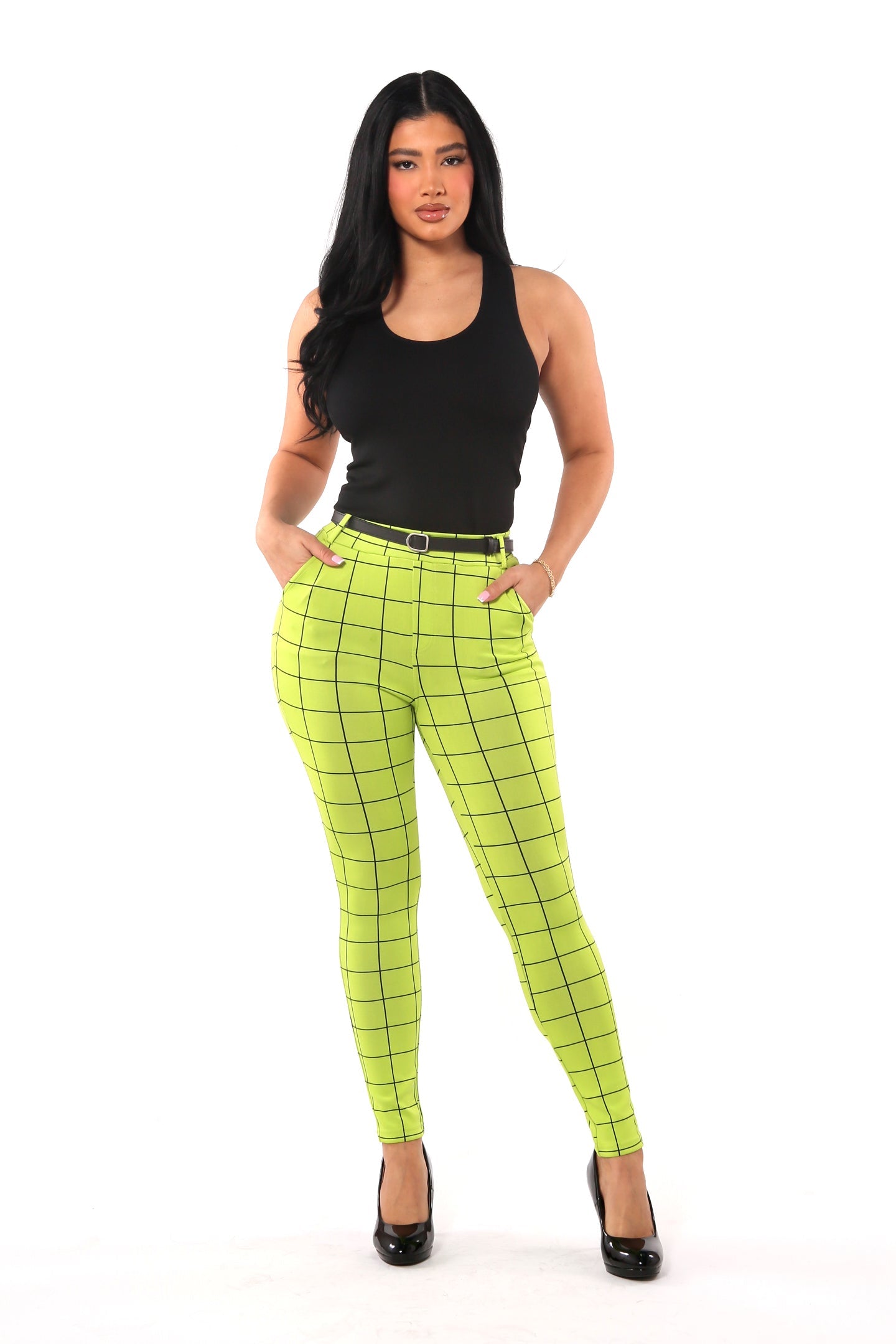 Wholesale Womens Sculpting Treggings With Faux Leather Belt - Green & Black Plaid