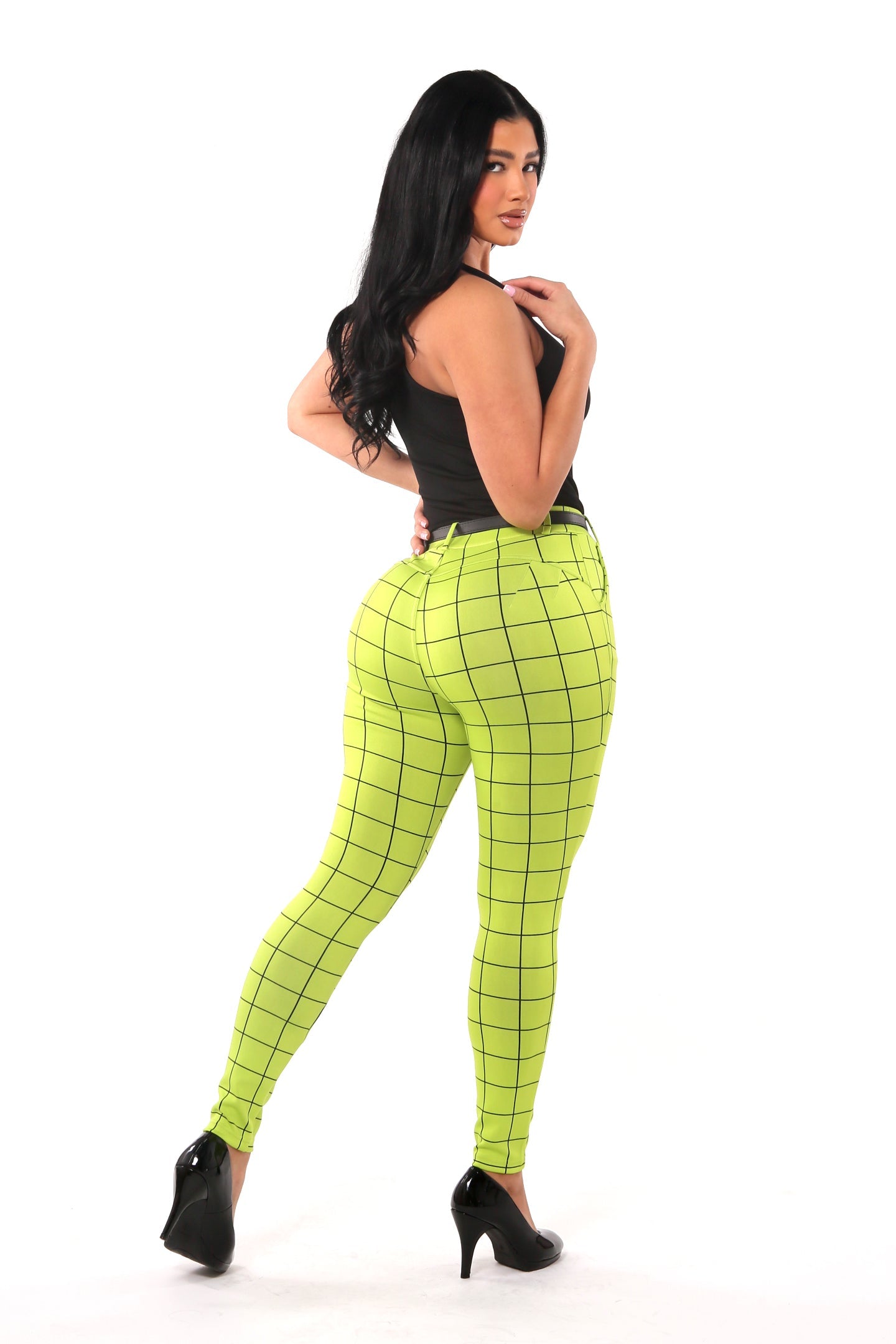 Wholesale Womens Sculpting Treggings With Faux Leather Belt - Green & Black Plaid