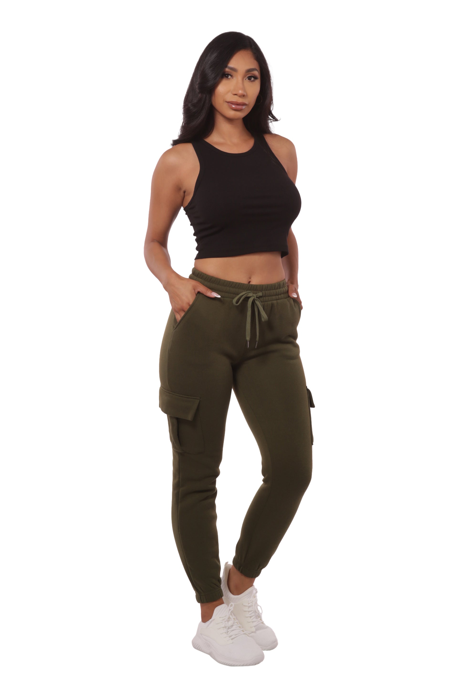 Wholesale Womens Soft Fleece Lined Cargo Sweatpants - Green