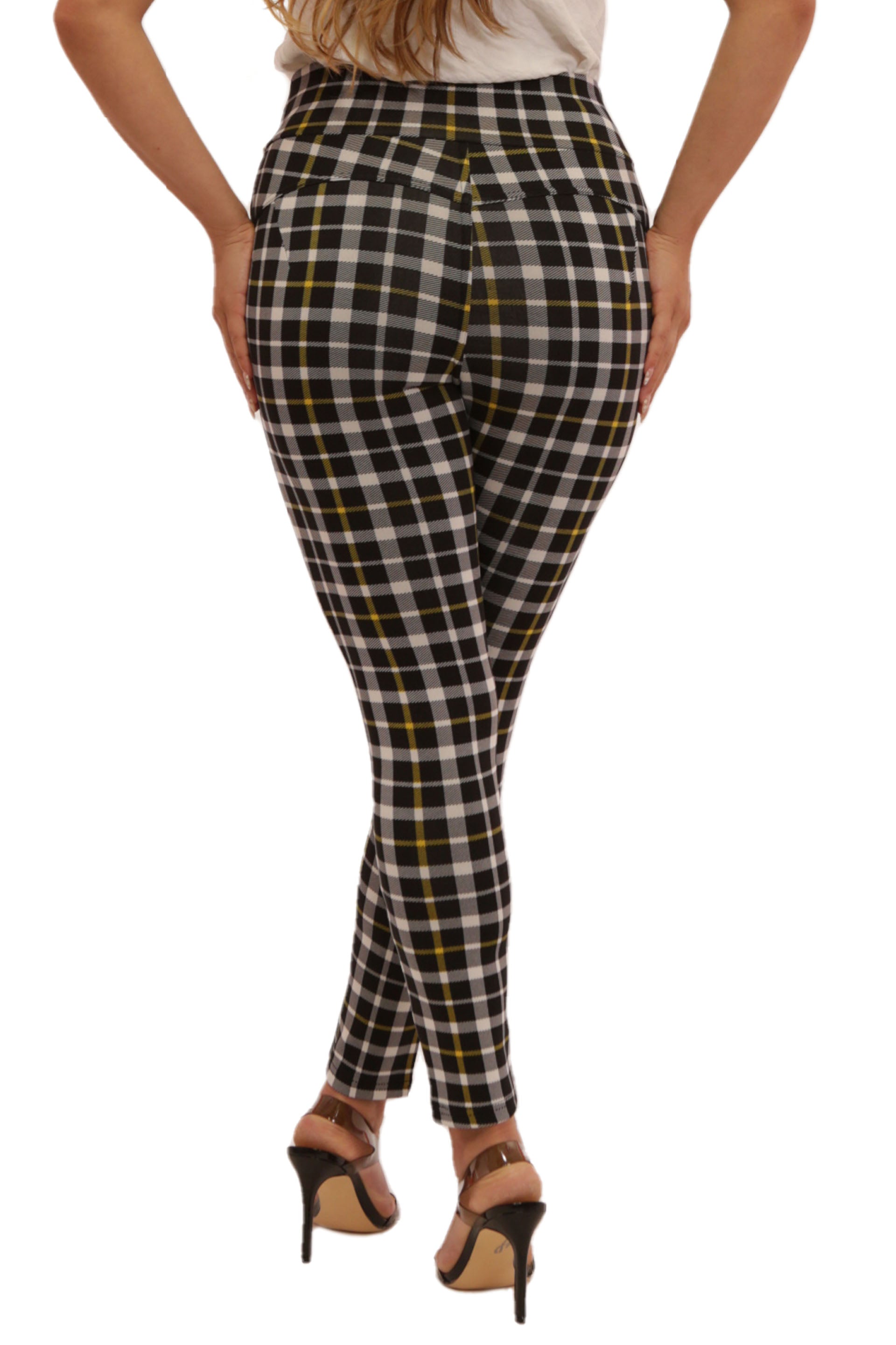 Wholesale Womens High Waist Sculpting Treggings With Front Pockets - Black, White, Mustard Plaid