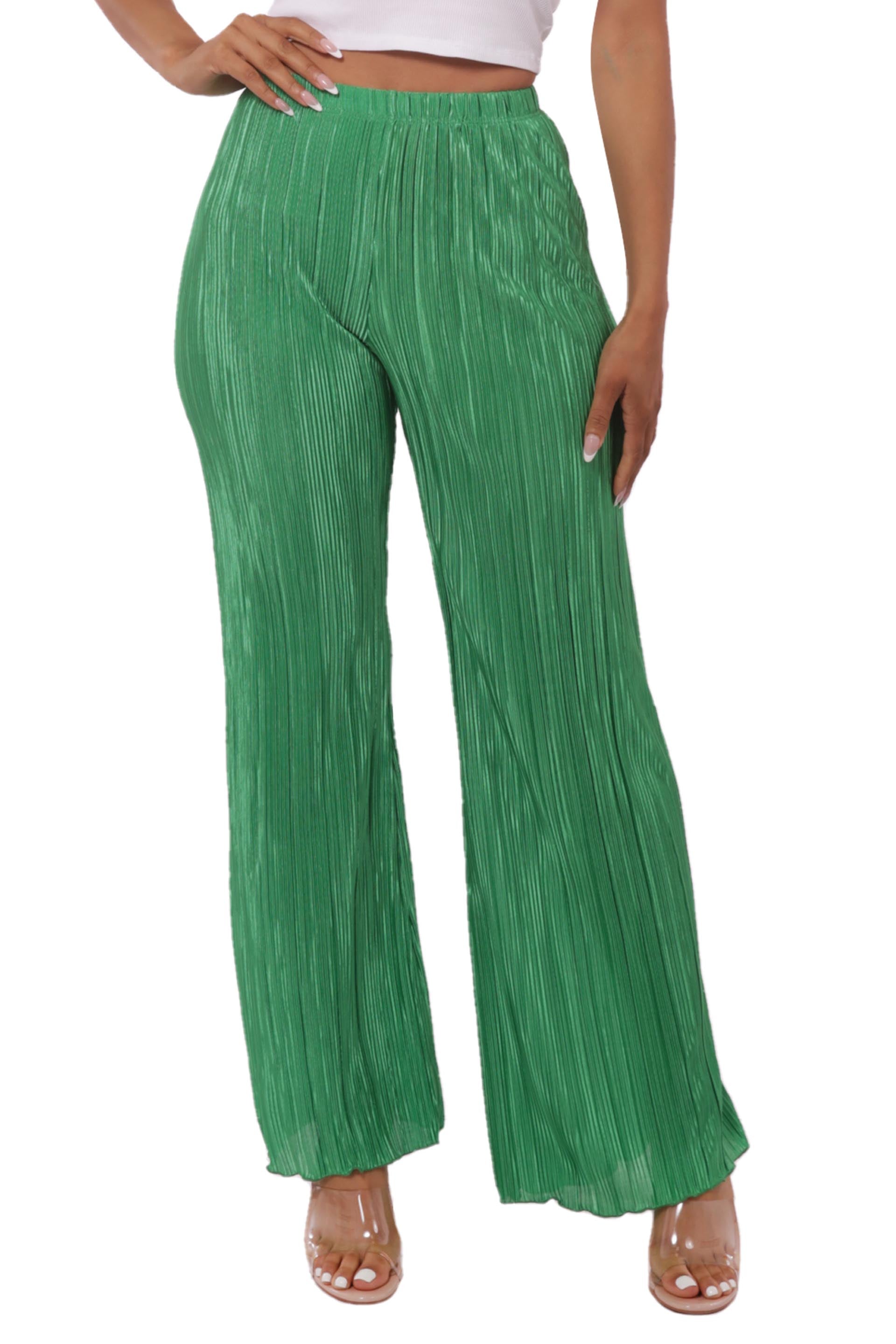 Wholesale Womens High Waist Plisse Pleated Wide Leg Pants - Green