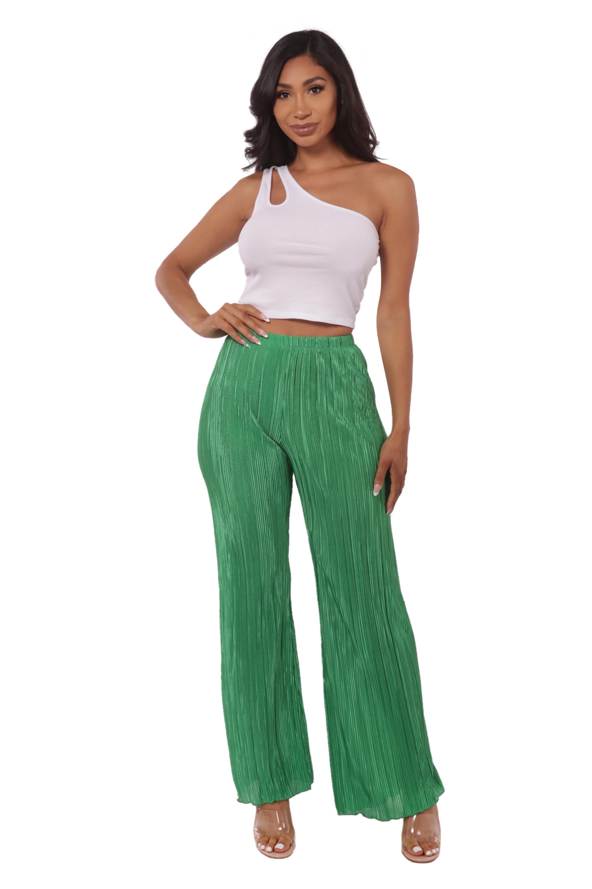 Wholesale Womens High Waist Plisse Pleated Wide Leg Pants - Green