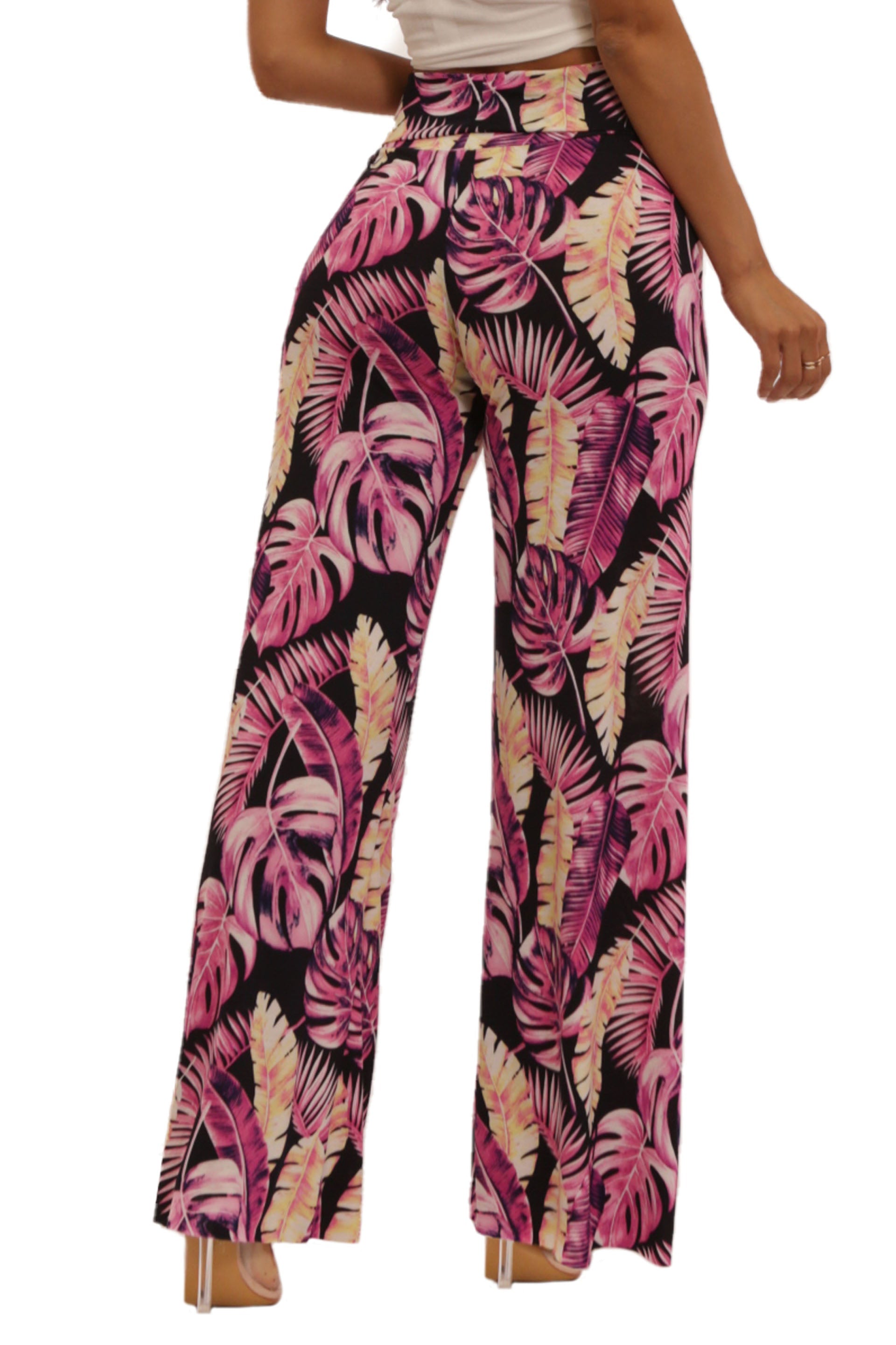 Wholesale Womens High Waist Wide Leg Palazzo Pants - Fuchsia Tropical Floral Print