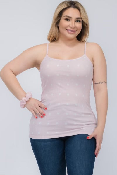 Wholesale Plus Size Womens Spaghetti Strap Ribbed Tank Tops + Matching Hair Scrunchie - Pink, White Hearts