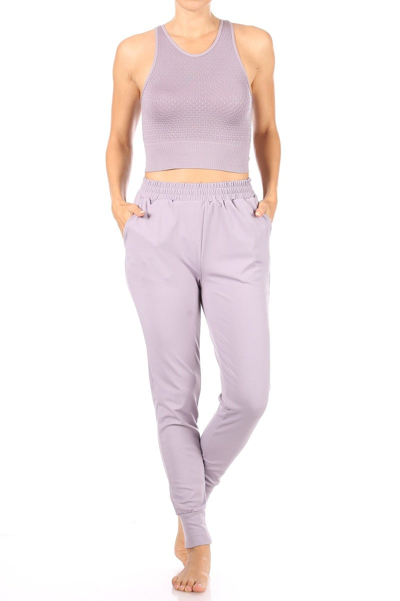 Wholesale Womens 2-Piece Sets Honeycomb Textured Cropped Tank Tops & High Waist Joggers Pants - Mauve