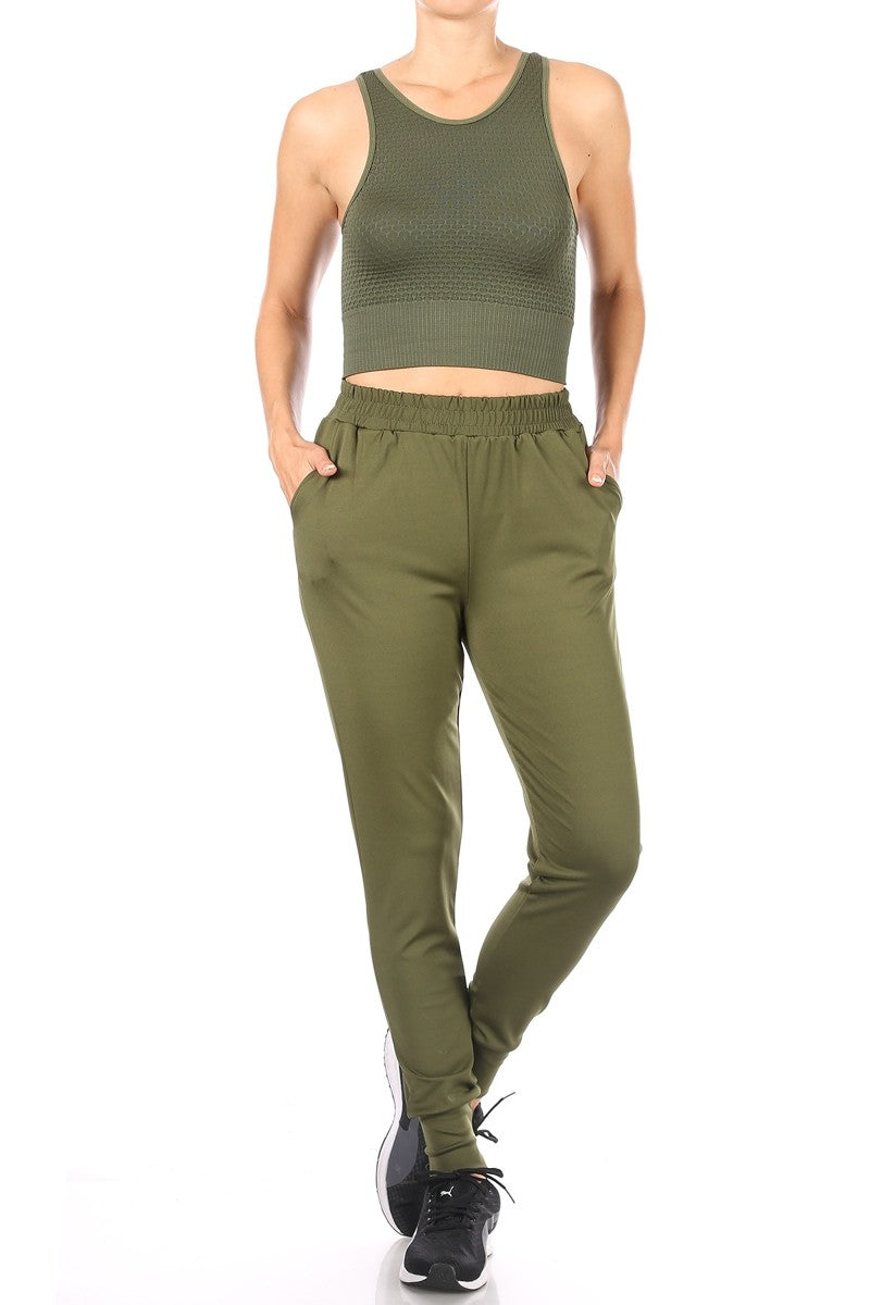 Wholesale Womens 2-Piece Sets Honeycomb Textured Cropped Tank Tops & High Waist Joggers Pants - Olive