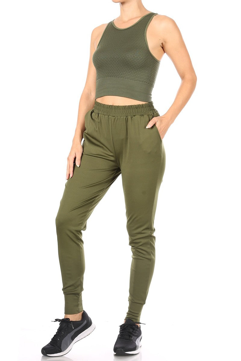 Wholesale Womens 2-Piece Sets Honeycomb Textured Cropped Tank Tops & High Waist Joggers Pants - Olive