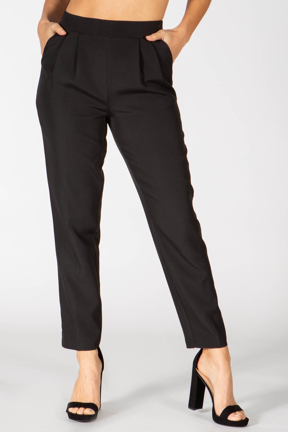 Wholesale Womens Double Front Pleated Ankle Pants With Pockets - Black