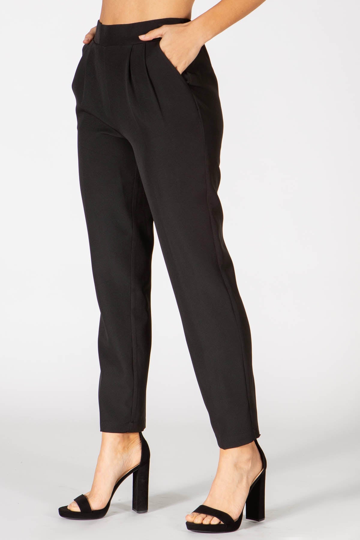 Wholesale Womens Double Front Pleated Ankle Pants With Pockets - Black