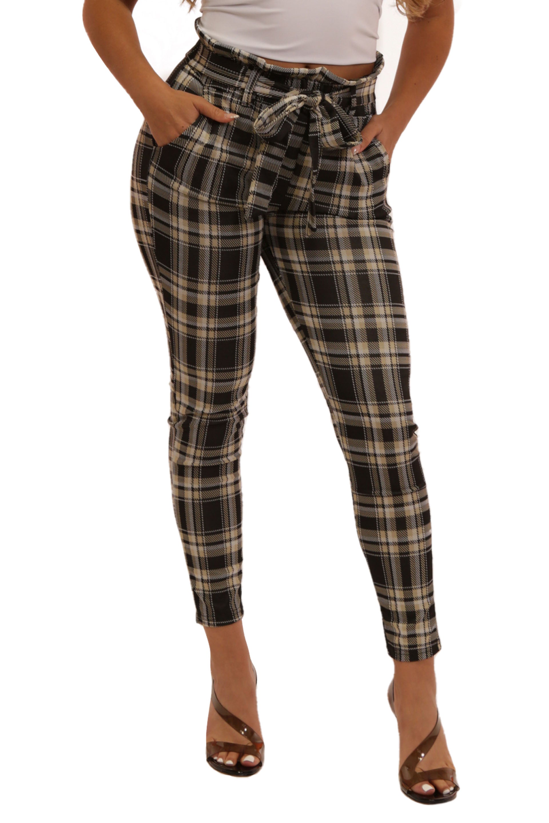 Wholesale Womens Double Knit Paperbag Waist Slim Fit Pants With Self Tie - Olive & Tan Plaid