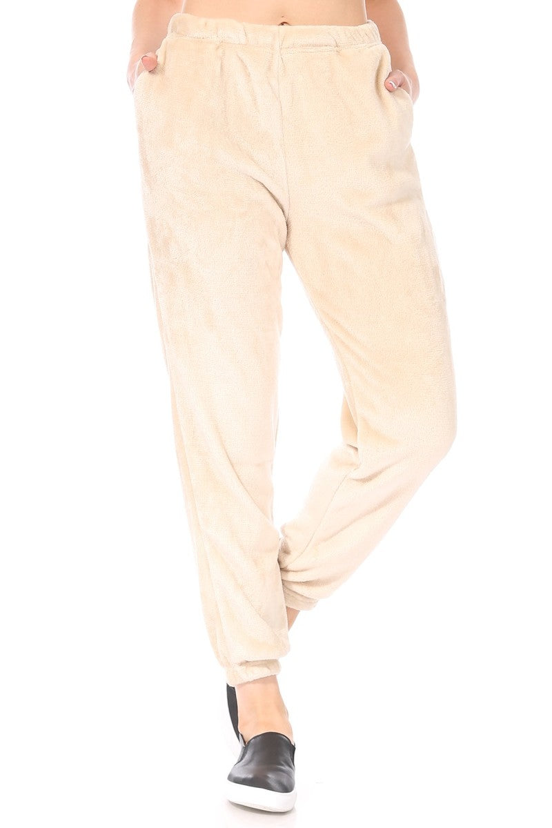 Wholesale Womens Double Side Plush Fur Joggers Sweatpants - Almond