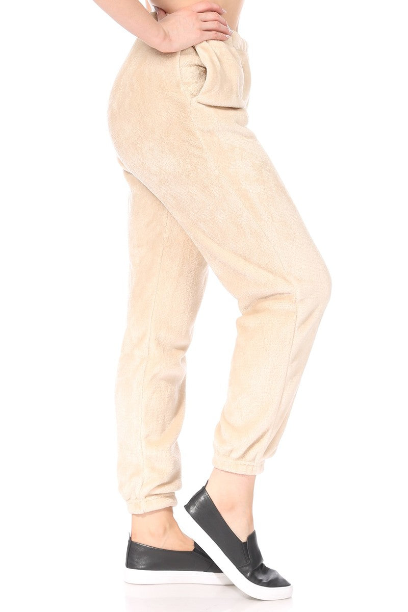 Wholesale Womens Double Side Plush Fur Joggers Sweatpants - Almond