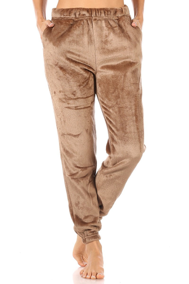 Wholesale Womens Double Side Plush Fur Joggers Sweatpants - Camel Brown