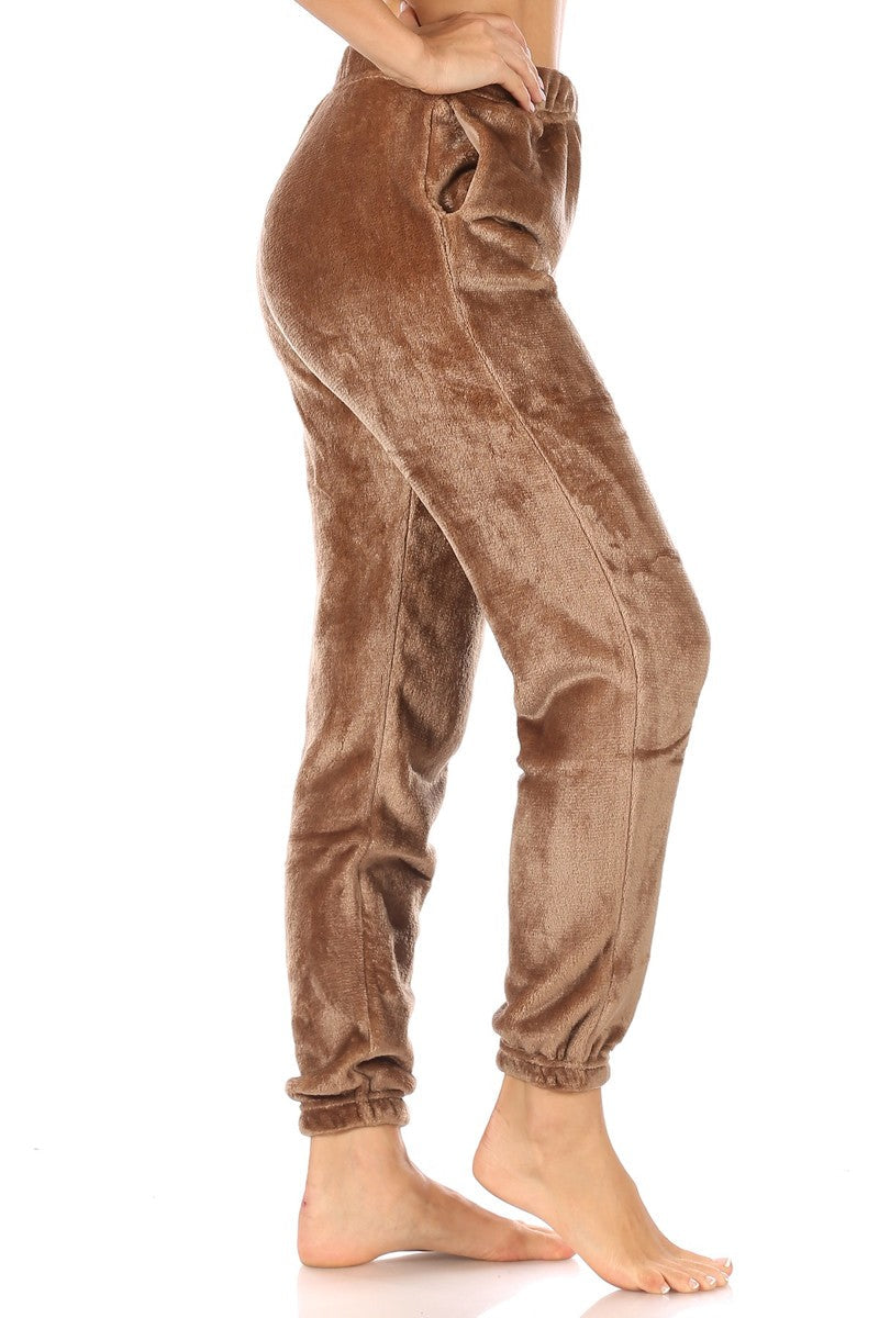 Wholesale Womens Double Side Plush Fur Joggers Sweatpants - Camel Brown