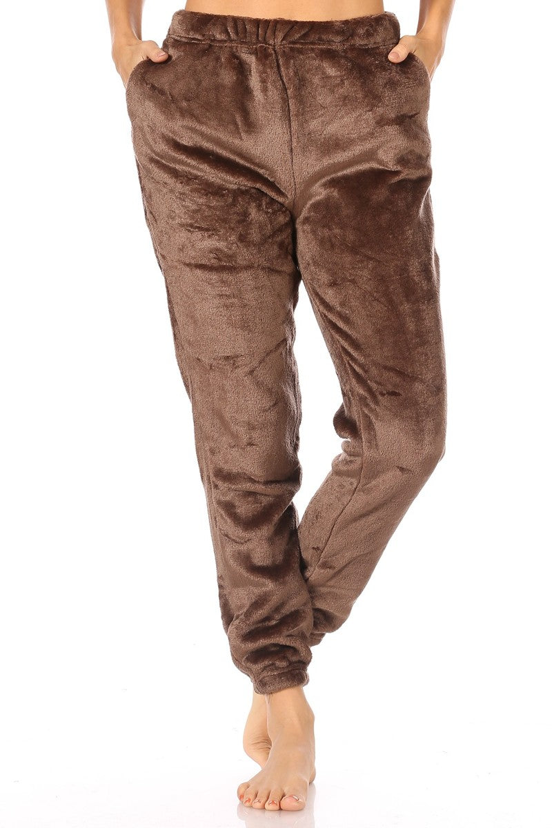 Wholesale Womens Double Side Plush Fur Joggers Sweatpants - Chocolate Brown